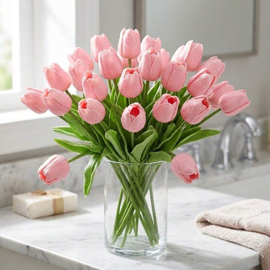 10 PCS Artificial Pink Tulips, Realistic Fake Flowers With Flexible Stems, Perfect For Home, Wedding, Office And Festival Decorations - 粉色 - 查看 1