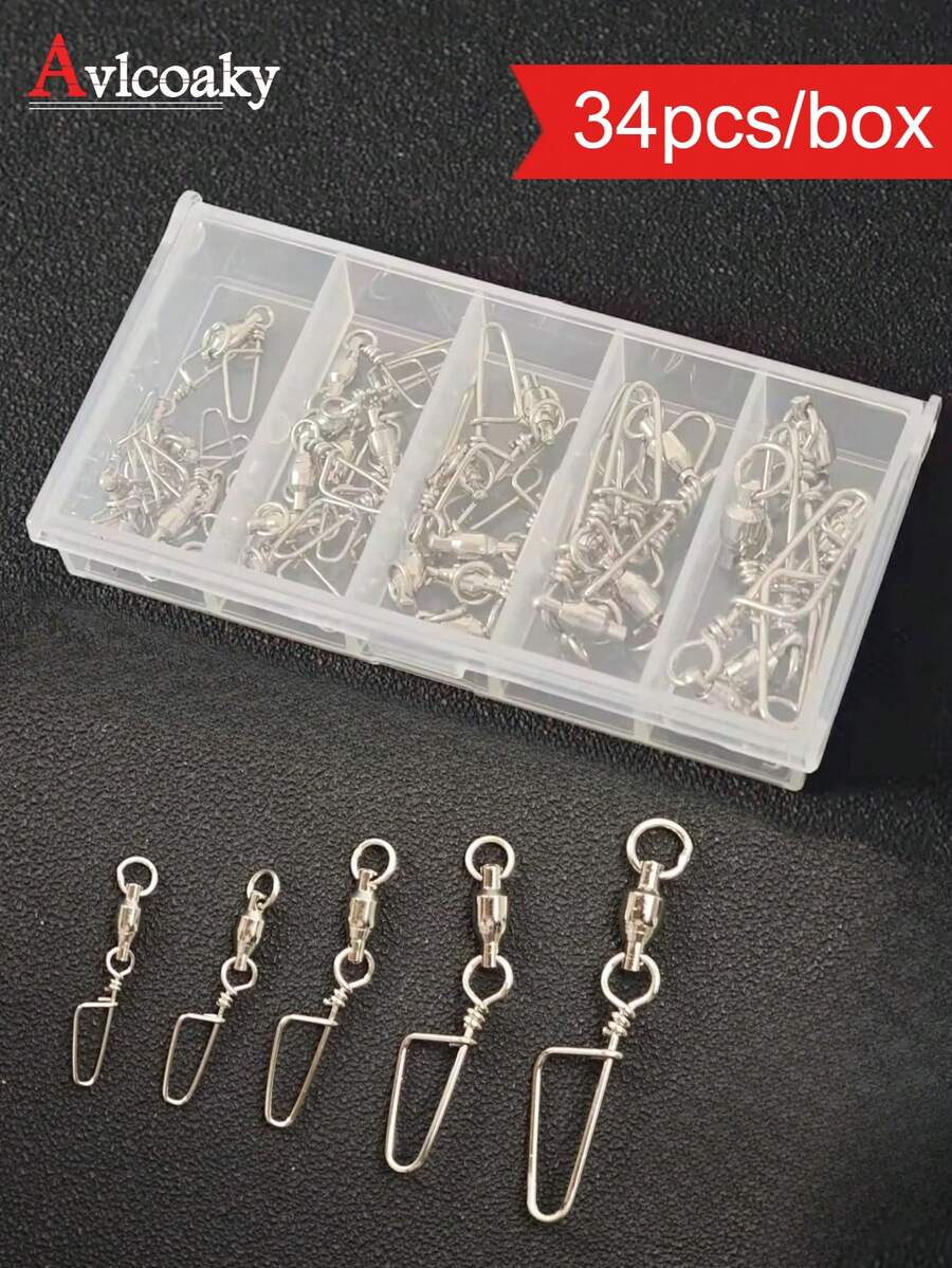 Avlcoaky 34 chiếc/hộp Khóa xoay bi chịu lực cao, dụng cụ câu cá, khóa xoay có chốt, khóa xoay có chốt, khóa xoay câu cá nước mặn - màu đen - Xem 1