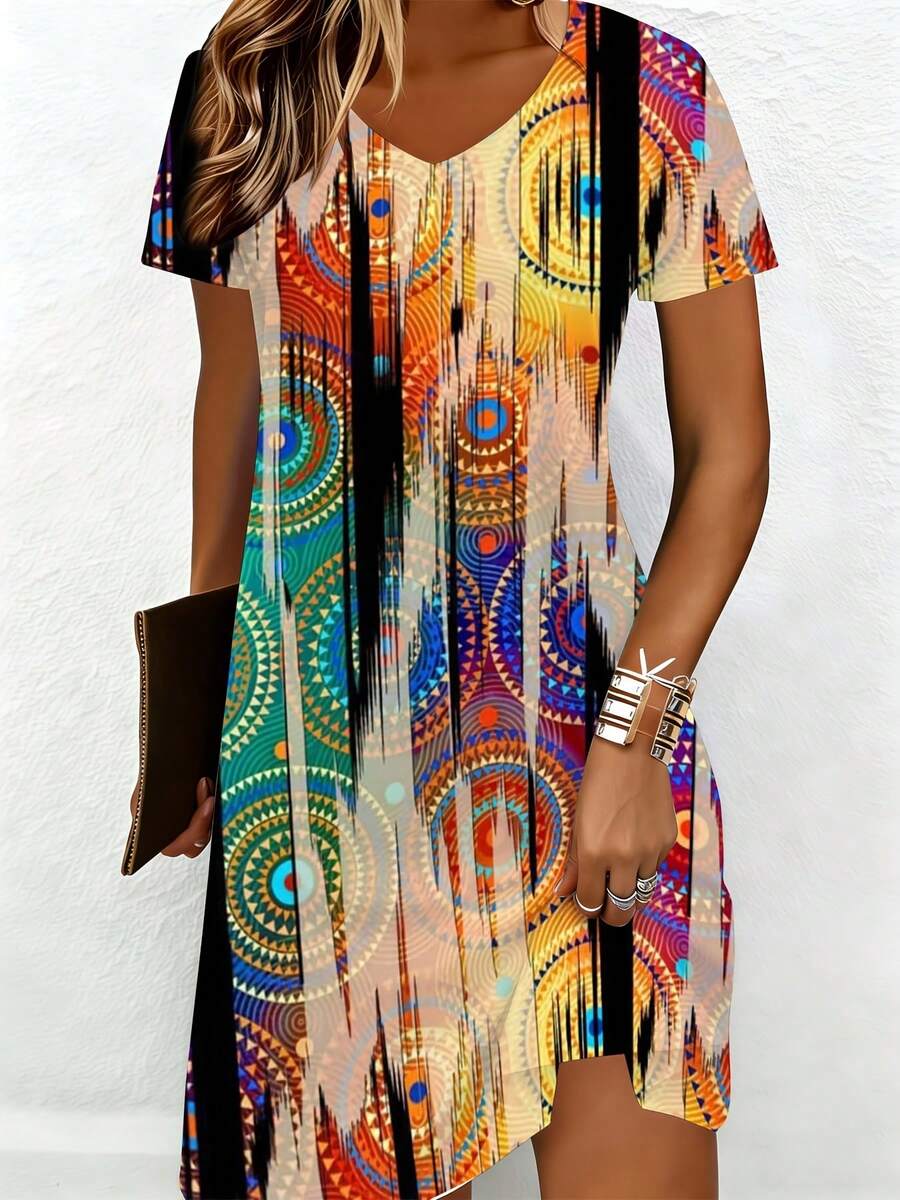 Colorful Geometric Pattern Print V Neck Short Sleeve Dress With Abstract Circles And Motifs In Vibrant Hues Of Orange Blue Green And Purple Featuring A Flowy Silhouette And Asymmetrical Hemline - 彩色 - 查看 1
