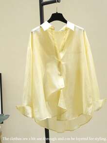 Women's Solid Color Drop Shoulder Long Sleeve Single-Breasted Casual Loose Semi-Sheer Blouse Spring - Yellow - View 6