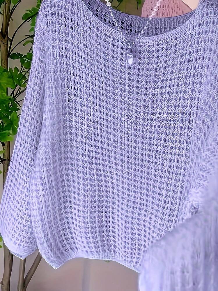 Casual Loose Solid Color Hollow Relaxed Style Knit Top For Women Summer - Purple - View 4