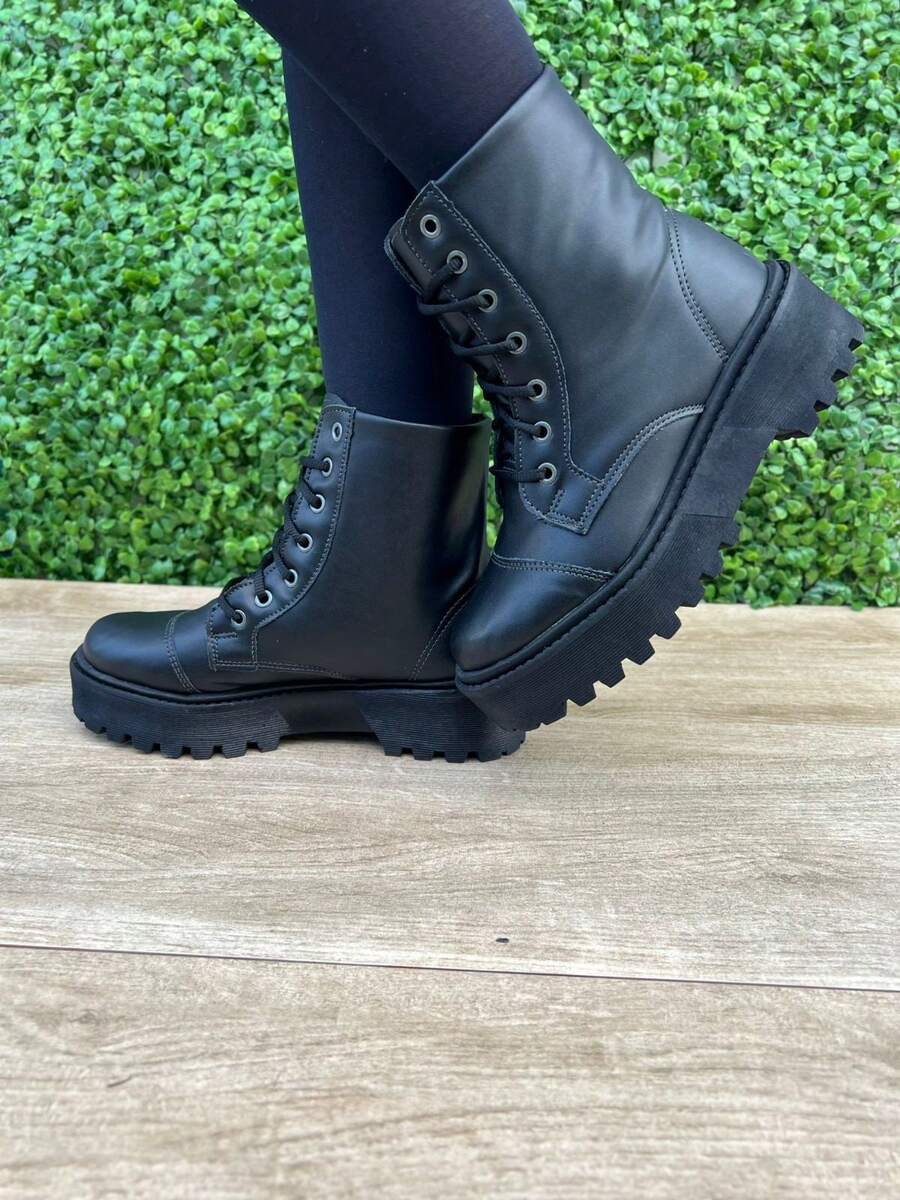 Women's Ankle Boot With Tractor Sole, Mid-Calf, Platform, Comfortable, Military Style, Black, Beige, Off-White - 黑色 - 查看 1