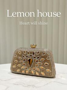 1pc Glamorous Shiny Gold Evening Bag, Luxury Rhinestone Studded Elegant Clutch Purse For Women, Suitable For Banquet, Party, Wedding, Ramadan, Comes With Metal Chain, Great Gift For Ladies - Gold - View 3