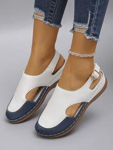 Cross-Border Oversized US Size 5-11 Summer Fashion Casual White & Brown Color Block Platform Slide Sandals, Metal Buckle Decor, Lightweight & Comfortable Wedge Heel Sandals For Women - 特級白色拼特級藍色PU - 查看 3