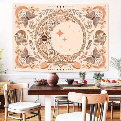 1. Tranh treo tường phong cách Bohemian - Với họa tiết hoa, bướm và trăng - Chất liệu polyester mềm mại, lý tưởng để trang trí tường phòng ngủ.