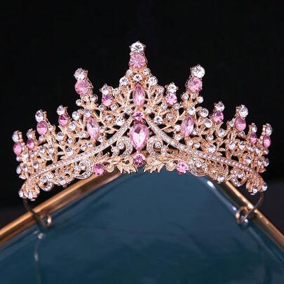 1pc Fashionable Pink Teardrop Rhinestone Crown, Suitable For Children And Women, Wedding, Birthday, Festival Party Wear