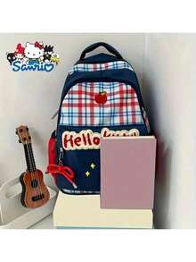 SANRIO 1 pieza Bolso de hombro con diseño de Hello Kitty, bolso escolar de dibujos animados lindo con estampado a rayas y cuadros, mochila casual de gran capacidad para deportes y viajes, regalo de regreso a clases - Multicolor - Ver 4
