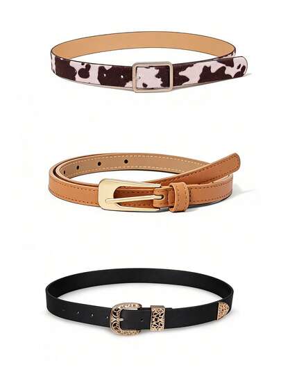 3pcs Women's Fashion Waist Belt Set, Casual Daily Matching Belts Include: Cow Print Faux Fur Belt, Hollow Carved Floral Belt, Basic Black Belt