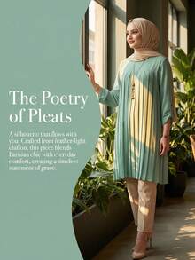 GDfashion Modest Women's Mint Green Pleated Loose-Fit Blouse With Rolled Button Cuff Islamic Casual Half-Sleeve Tunic Top Spring - Green - View 8