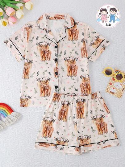 Bộ đồ ngủ 2 món dễ thương cho bé gái, in hình bò cao nguyên, tay ngắn, cổ polo, gồm áo khoác cardigan và quần short, chống cháy, phù hợp mọi mùa.