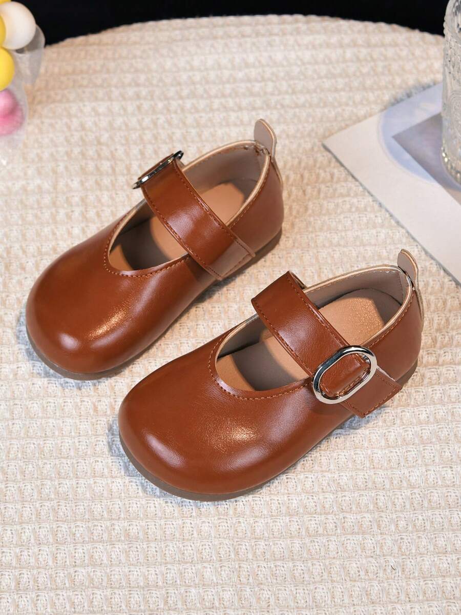 女童軟底瑪麗珍平底鞋 春/秋季復古圓頭公主鞋 幼兒走路鞋 防滑 英式鈕扣低鞋幫魔鬼氈 素色百搭兒童平底鞋 - 棕色 - View 1