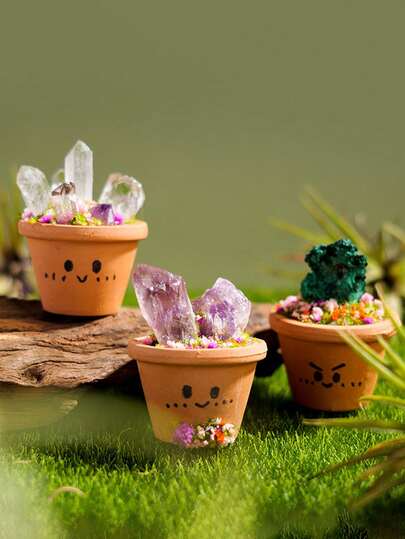 1pc Natural Crystal Potted Plant Decor, Creative Crystal Raw Stone Ceramic Pot Micro Landscape, Miniature Desktop Ornament, Handmade Cute & Elegant Design, Suitable For Desk, Office, Home Decor, Fresh & Healing Atmosphere, Ideal For Gift Or Self-Use (Note: As A Handmade Crystal Product, The Actual Item May Differ Slightly From The Product Image)