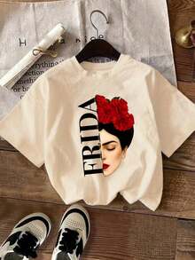 Yuega Tshrit 1pcPlus Size - Plus Size - Elegant Women'S T-Shirt| Artistic Style Side Portrait With Red Floral And "FRIDA" Print, Summer New Short Sleeve, Crew Neck, Slight Stretch FabricSummer Clothing Tops - 杏色 - 查看 14