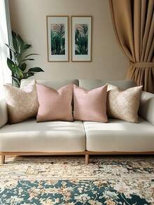 4件套波西米亚风抱枕套，花卉图案，聚酯纤维材质，复古亚麻面料，隐形拉链，可机洗，简约时尚线条图案，家居装饰抱枕套，适用于沙发、客厅、卧室，不含枕芯 - 柔霧粉 - 查看 2