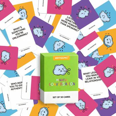 正念对话引导卡：50个引导性提示，助您建立更深层次的联结和进行有意义的对话；反思性问题，引导您过上更有意义的生活；贴心的自我关爱礼物