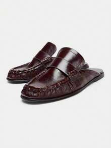2026 Spring/Summer New Women Shoes, Leather Pleated Open-Heel Loafers Round Toe - Burgundy - View 1