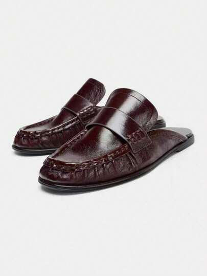 2026 Spring/Summer New Women Shoes, Leather Pleated Open-Heel Loafers Round Toe