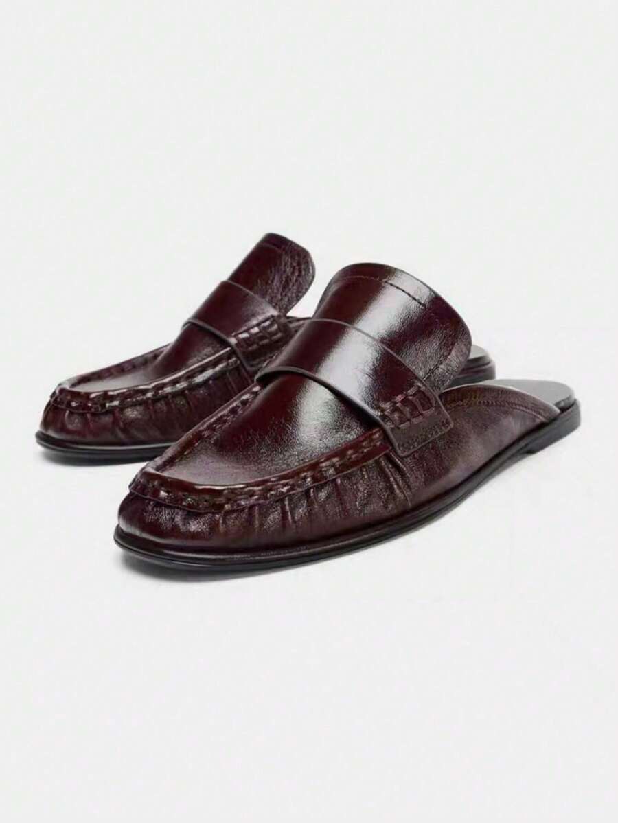 2026 Spring/Summer New Women Shoes, Leather Pleated Open-Heel Loafers Round Toe - Burgundy - View 1