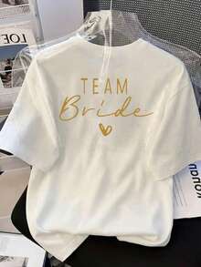 Women's Casual Round Neck Short Sleeve T-Shirt With Wedding Theme Patterns And "Bride Tribe" Handwritten Slogan, Suitable For Back To School, Daily Wear, Vacation Etc. Spring/Summer/Autumn White - White - View 8