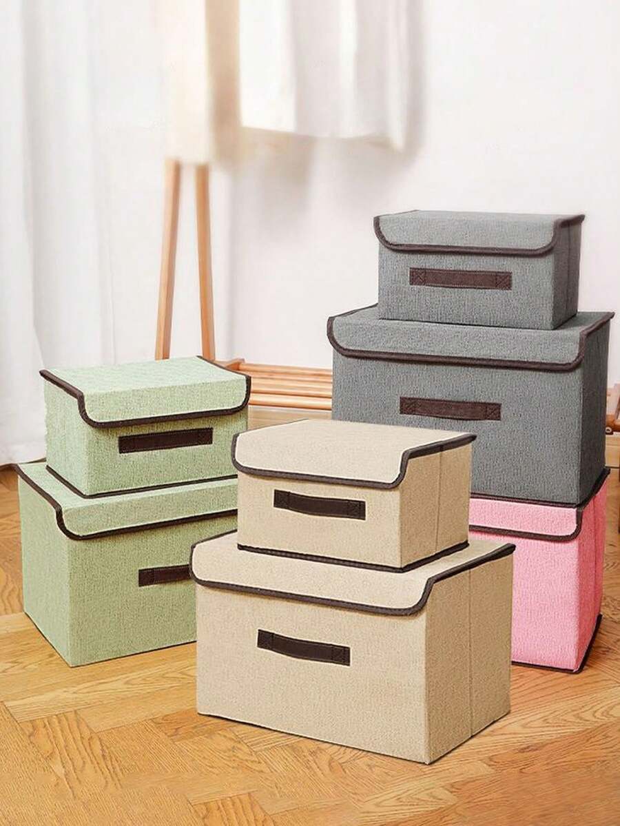 Scatola di stoccaggio pieghevole in tessuto ad alta capacità con coperchio antipolvere, organizer di stoccaggio con specifiche di dimensioni multiple, con maniglia integrata, disponibile in vari eleganti colori Morandi solidi, realizzato in morbido tessuto di lino premium con struttura stabile