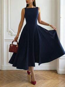 Elegant French Romantic Backless Hollow-Out Cinched Waist Sexy Charming Maxi Dress, Suitable For Christmas, Holiday Party, Date Black Summer - Màu xanh hải quân - Xem 2