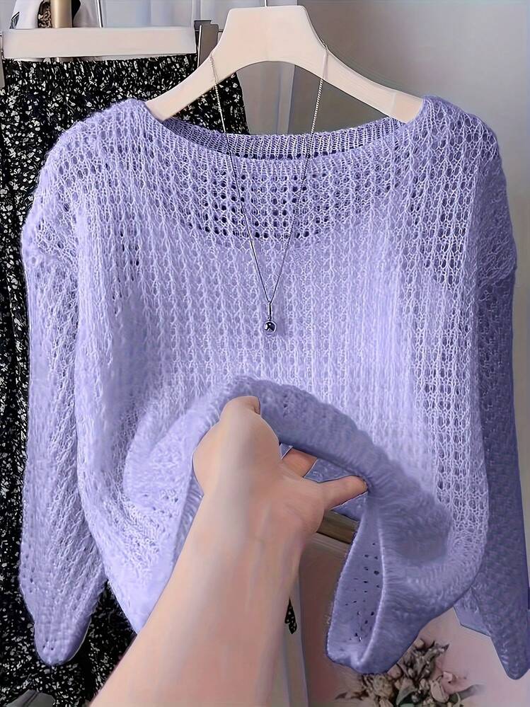 Casual Loose Solid Color Hollow Relaxed Style Knit Top For Women Summer - Purple - View 1