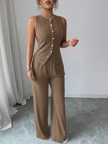 Women's Fashionable Solid Color Textured 2-Piece Set, Including Sleeveless Crew Neck Button Fitted Tank Top And High Waist Loose Straight Leg Pants, Elegant Commuter Style - màu nâu - Xem 6