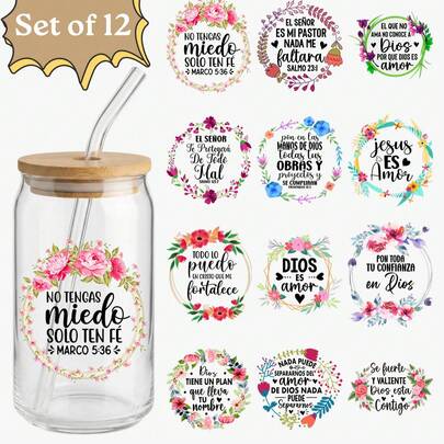 12pcs Spanish Bible Verse UV DTF Stickers (2.75x3.5in), Colorful Floral Wreath Christian Quotes Decals For Coffee Mugs, Ceramic Cups, Glass, DIY Religious Gift