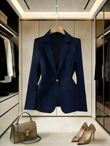 Tailored Blazer With Lining, Functional Side Pocket, Elegant Gold Button, And Faux Chest Pocket | Autumn/Winter - 藏蓝色 - 查看 3