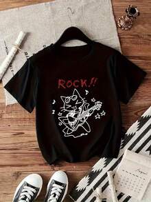 1PC Fashionable Women's Short-Sleeve Round Neck T-Shirt, Polyester Knit, Casual Style Series, All-Season Design, Creative Abstract  Cat And Guitar Pattern Print, Comfortable Cotton T-Shirt - 黑色 - 查看 1