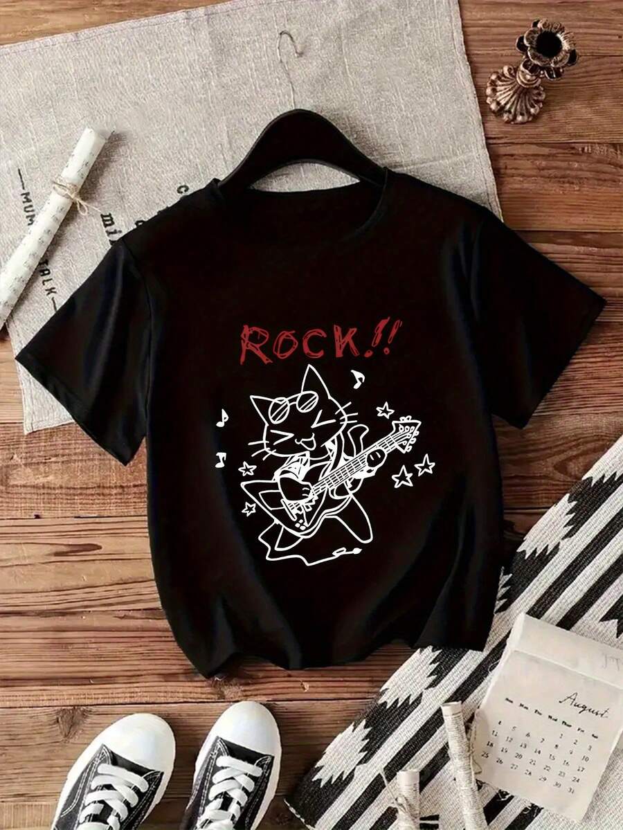 1PC Fashionable Women's Short-Sleeve Round Neck T-Shirt, Polyester Knit, Casual Style Series, All-Season Design, Creative Abstract  Cat And Guitar Pattern Print, Comfortable Cotton T-Shirt - 黑色 - 查看 1