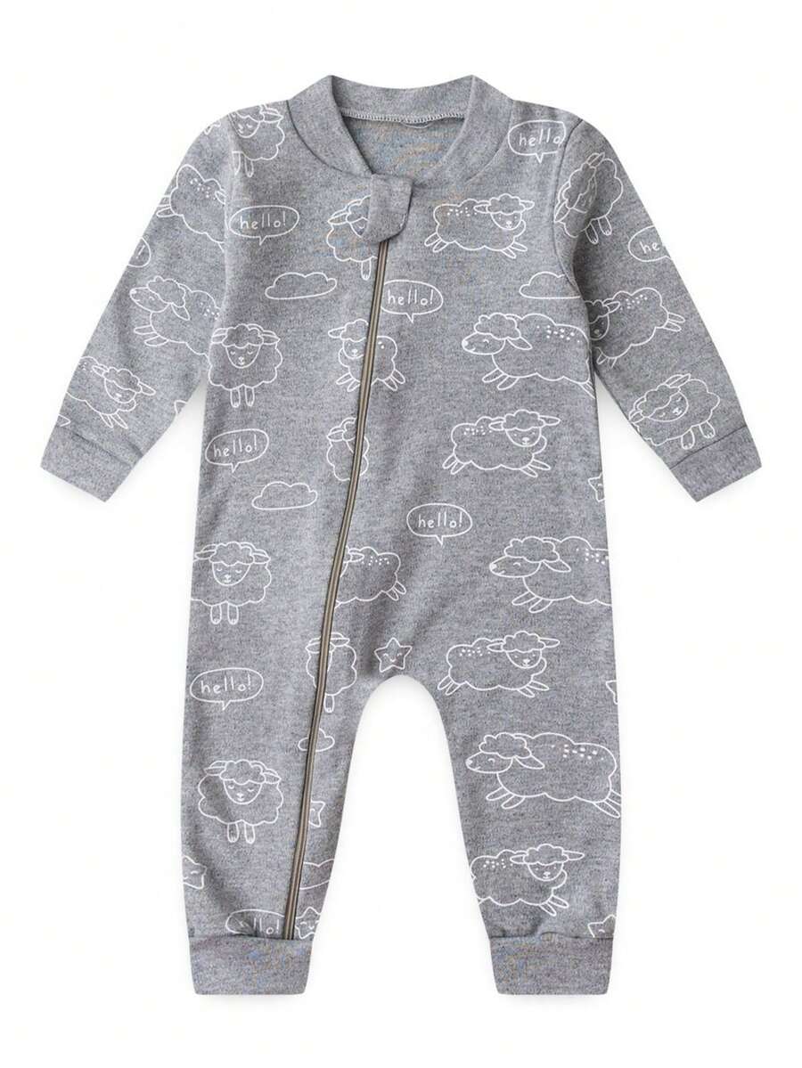 Baby Jumpsuit In Printed Suedine Fabric With Zipper (Newborn/Small/Medium/Large) - Grey - View 1