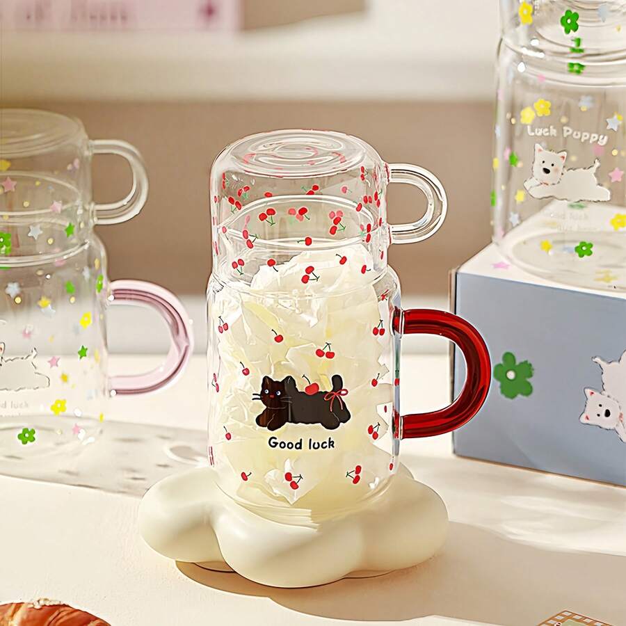 Cốc thủy tinh có nắp đậy họa tiết mèo và chó dễ thương, chất liệu thủy tinh cường lực, thích hợp đựng đồ uống lạnh, cà phê, nước ép, sử dụng hàng ngày, tại nhà hàng, trà chiều, làm quà tặng, quà lễ hội. - Nhiều màu - Xem 1