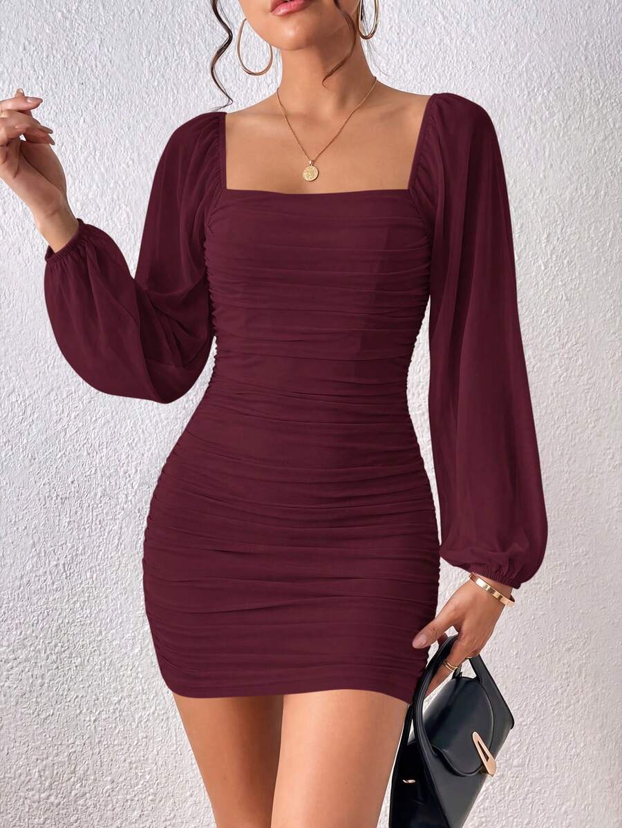 Women's Summer Dress Elegant Square Neck Lantern Long Sleeve Mini Pleated One-Piece Dress Stretch Mesh Slim Dress - 酒紅色 - 查看 1