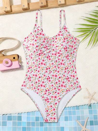Áo tắm liền thân cho bé gái tuổi teen, họa tiết hoa, dây đeo có thể điều chỉnh, thời trang và kín đáo, đồ bơi kiểu Hàn Quốc thanh lịch, thích hợp cho mùa xuân nóng, kỳ nghỉ, bơi lội và đi biển.