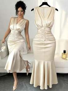 Elenzga New V-Neck Knitted Solid Color Sleeveless Elegant Pleated Design With Pearl Decor Ruffle Hem Fitted Midi Dress, Flattering & Graceful For Holiday, Party, Valentine's Day - 杏色 - 查看 1