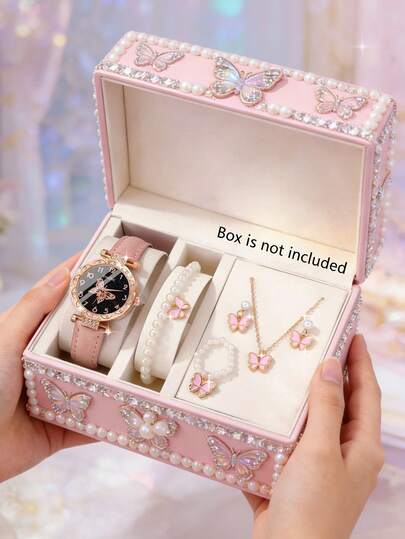 6pcs Women's Fashion Elegant Butterfly Dial Quartz Watch With PU Leather Strap, Matched With Graceful Pearl Butterfly Bracelet Necklace Ring Earring Jewelry Set, Suitable For Women's Daily Wear, Birthday/Holiday Gift, Graduation/Back To School Season, Family Gathering, Celebration Decoration, Mother's Day, Graduation Gift