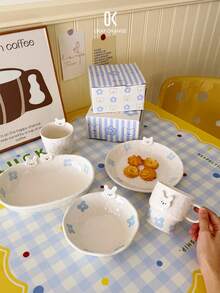 1 pieza Conjunto de vajilla con conejo emocional, que incluye taza, taza con asa, plato, tazón, adecuado para diversas ocasiones, hogar, cocina, comedor, apto para diferentes alimentos, vajilla, vajilla multifuncional, regalo festivo, gran opción de regalo - Multicolor - Ver 3