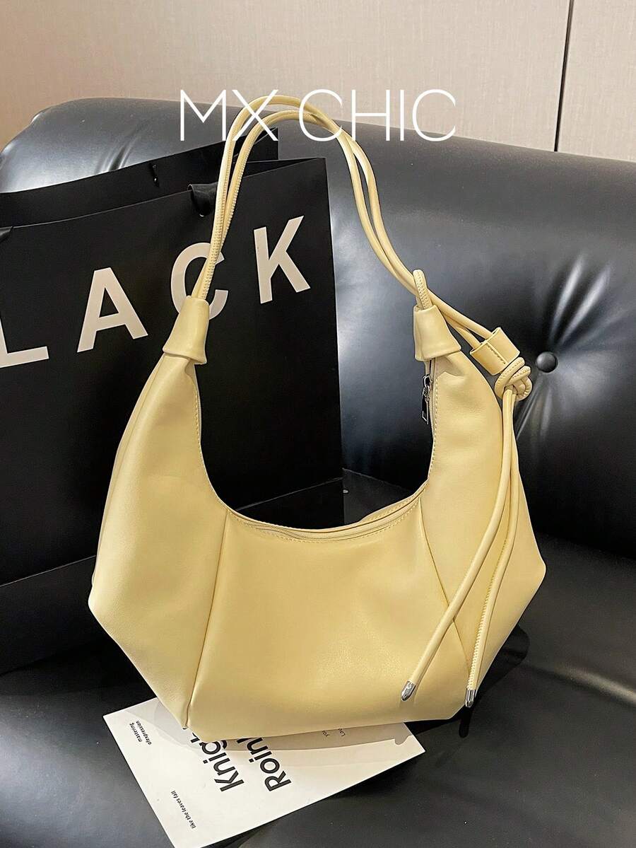 1 pezzo Borsa a spalla in PU tinta unita, borsa a mezzaluna di grande capacità alla moda, adatta per donne adulte, abbigliamento elegante e shopping all'aperto - Butter Yellow - Visualizzare 1