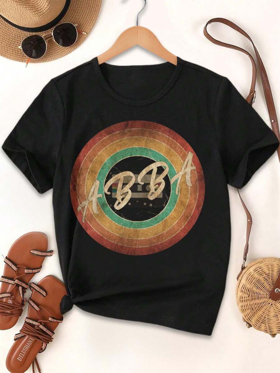Womens Vintage Abba Dancing Queen Circle Art T Shirt Mamma Mia Tour Best Seller Ladies Tees - 黑色 - 查看 1
