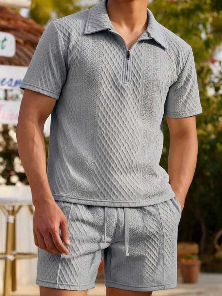 2pcs Men's Gray Short Sleeve & Shorts Set, Heavyweight Diamond