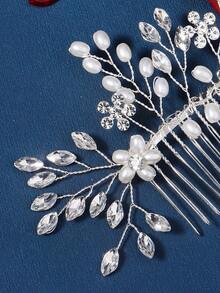European And American Cross-Border Faux Pearl & Rhinestone Hair Comb, Elegant Bridal Headpiece, Fashion Hair Accessory Wholesale,Summer,Beach,Wedding - Silver - View 7