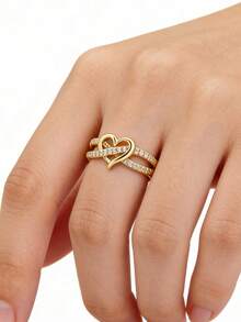 1 pieza Anillo decorativo de cristal con forma de corazón elegante para mujeres, adecuado para uso diario, fiestas, celebraciones y hace un gran regalo - Dorado - View 8