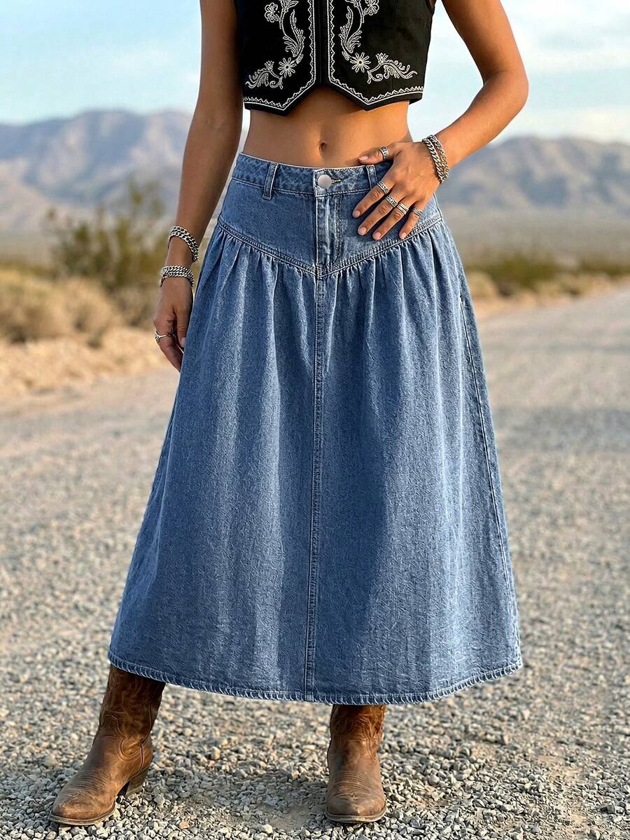 Chân váy denim ngắn nữ xếp ly cài nút, kiểu dáng thường ngày, đa năng, thích hợp cho hẹn hò và đi chơi. - Rửa nhẹ - Xem 1