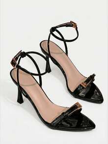 Black Pointed Toe High Heel Sandals For Women, Adjustable Ankle Strap, Comfortable Minimalist Design, Versatile For Commuting, Dates Or Parties - Black - View 7