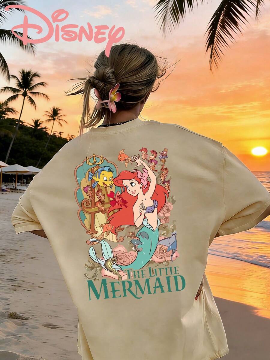 Women's Disney The Little Mermaid Graphic Print Short Sleeve Sweatshirt, Casual Round Neck Beach Top For Summer - Apricot - View 1