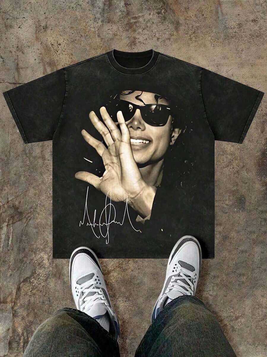 Double-Sided Printed (220-Count Cotton-Shirt) Men's Y2K-Shirt - American Street Style! Street Style Retro-Shirt, Unisex Printed-Shirt, Oversized-Shirt, Jackson, Music, Short-Sleeved Printed Washed Cotton-Shirt, Men's-Shirt, Black Printed-Shirt, Loose Retro Fit, Suitable Young Men's Casual Wear. FHIN - 黑色 - 查看 1