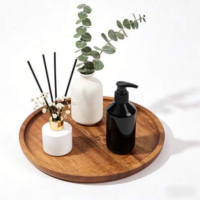 1个简约浴室圆形木质托盘，装饰托盘，适用于浴室、咖啡桌和厨房台面，圆形木质托盘，浴室装饰，多功能装饰托盘，适合放置香水、蜡烛和浴室用品，适合母亲节、父亲节以及送给其他人的精美礼物。