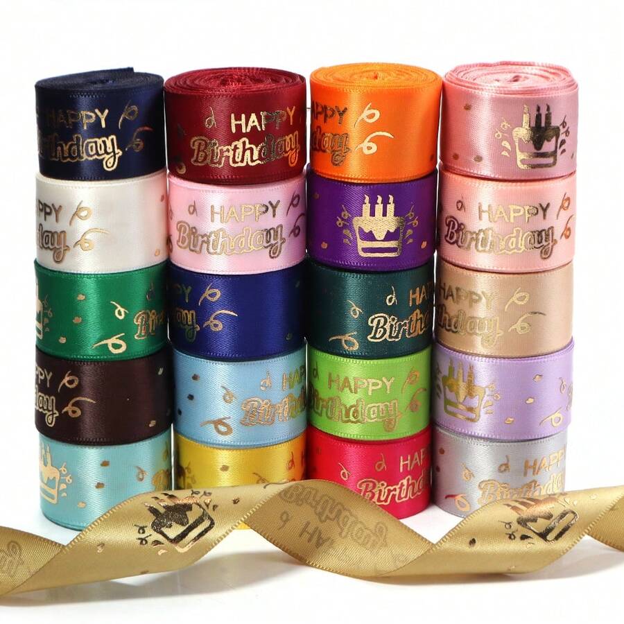 5 Yards/Roll English Foil Print Polyester Ribbon 1 Inch Wide, "Happy Birthday" Floral Birthday Party Colorful Packaging Decoration Ribbon, Cake Gift Box Scrapbooking