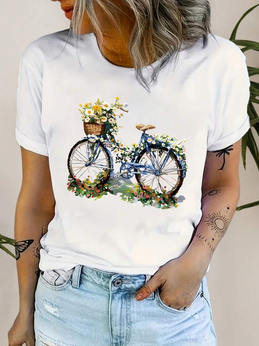 Women's Plus-Size Clothing, Short-Sleeved T-Shirt With Chrysanthemum Bicycle Print. - 白色 - 查看 1